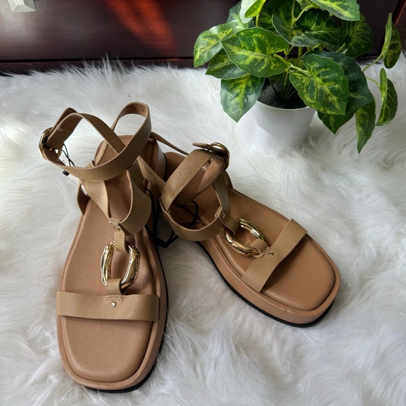 Zara Embellished Leather  Flatform Sandal Beige Size 7.5 - Picture 2 of 14